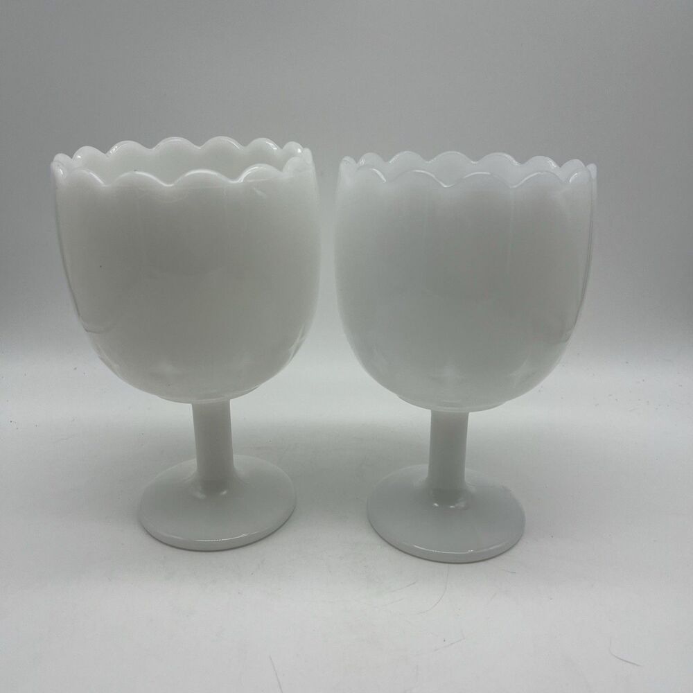 Vintage White Milk Glass Goblet with Stars and Scalloped Edge, Set of 2